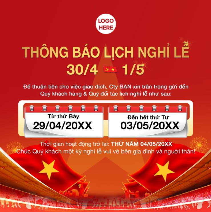 Announcement of Vietnam’s Liberation Holiday with holiday schedule details red flag background banner poster social, poster thông báo lịch nghỉ lễ Ngày Thống nhất